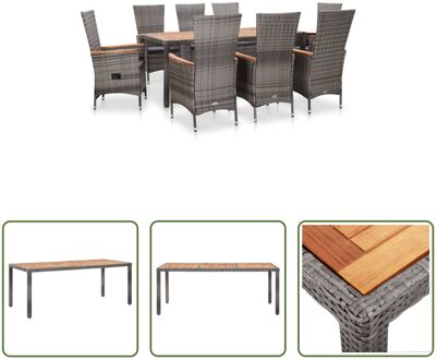 Poly Rattan Tuinset - Grijs - Tafel 190x90x75 cm - 8 Stoelen - Verstelbare Rugleuning - 8 Kussens