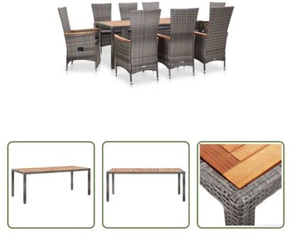 Poly Rattan Tuinset - Grijze Rattan - 190x90x75cm - 8 Stoelen - Donkergrijze Kussens Grijs