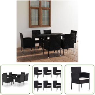 Poly Rattan Tuinset - Zwart - Eettafel 140x80x74 cm - Stoel 52x56x88 cm - Crèmewit kussen