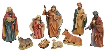 Polystone kerststal beeldjes / beelden 9 stuks 4 tot 19 cm - Kerststallen Multikleur