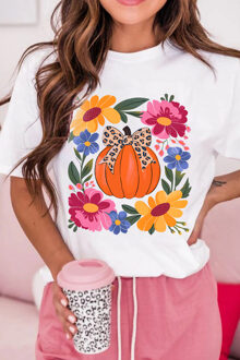 Pompoen Bloemen Graphic T-shirt - maat M Wit