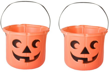 Pompoen trick or treat snoep emmertje - 2x stuks - 14 x 17 cm - Halloween - snoep ophalen - kunststo