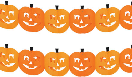 Pompoenen slinger - 2x - oranje - 4 meter - brandvertragend papier - Halloween versiering - feestsli