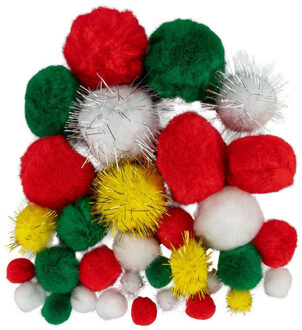 Pompons - 30x - Kerstmis thema kleuren - 10-40 mm - hobby/knutsel materialen Multi