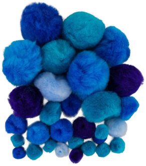 Pompons - 90x - blauwe tinten - 10-40 mm - hobby/knutsel materialen