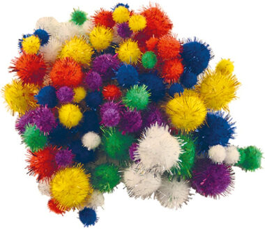 Pompons glitter - 100x - gekleurd - 10-25 mm - hobby/knutsel materialen