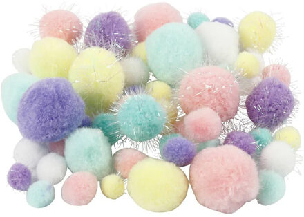 Pompons knutsel set - 124 grams - pastel kleuren - 15-40 mm - hobby/knutsel materialen