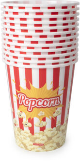 Popcorn bak - 10x - rood/wit retro print - kunststof - 15 x 18 cm - 2.0 liter - herbruikbaar