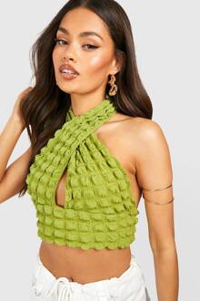 Popcorn Getextureerde Crossfront Halterneck Crop Top, Green - 34
