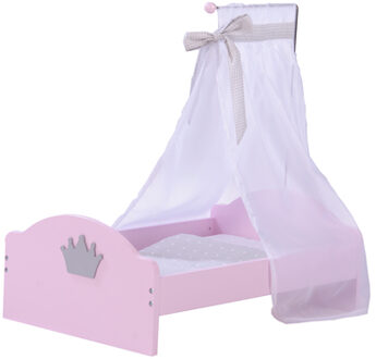 Poppen Bed Princess Sophie, roze met bed met zilveren kroontje en witte hemel
