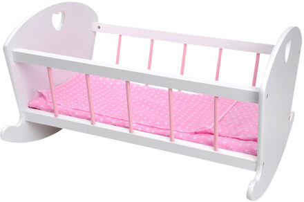 Poppen Schommelbedje Hout Spijlen Wit met Roze- HARTJE afm. 50 x 30 x 40cm