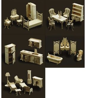 Poppenhuis meubels complete inrichting set Bruin