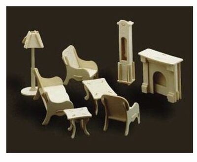 Poppenhuis meubels huiskamer - hout - bouwpakket - 8x stuks inhoud