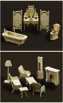 Poppenhuis meubels/meubeltjes huiskamer en badkamer Beige