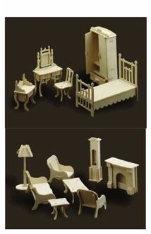 Poppenhuis meubels slaapkamer en woonkamer Bruin