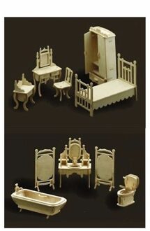 Poppenhuis slaapkamer en badkamer meubeltjes set Bruin