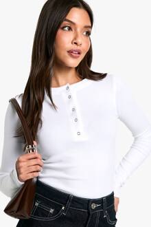 Popper Top Met Ribgebreide Voorzijde En Lange Mouwen, White - 44