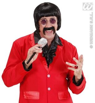 Popster sixtees pruik met snor en bril Zwart