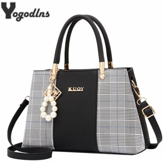 Popular Patchwork Women Shoulder Bag Elegant Female Plaid Crossbody Bags Top-Handle Hand Tote with pendant hanging