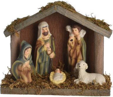 Porseleinen kerststalletje met 5 kerstbeelden/kerstfiguren 14 cm Multi