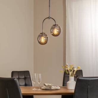 Portemo hanglamp, rookgrijs/nikkel, Ø 37 cm, 2-lamps glas rookgrijs-transparant, nikkel