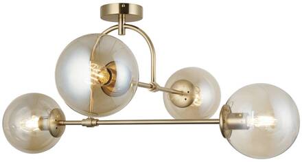 Portemo plafondlamp, messing, lengte 83 cm, 4-lamps, glas amber, messing