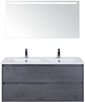 Porto Badmeubelset 120 cm - 2 Laden Beton Antrac - Keramische Wastafel Wit Slim met Sence Spiegel