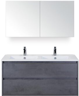 Porto Badmeubelset 120 cm - 2 Laden Beton Antraciet - Keramische Wastafel Wit Slim met Spiegelkast