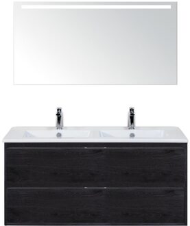 Porto Badmeubelset 120 cm - 2 Laden Black Oak - Keramische Wastafel Wit Slim met Sence Spiegel