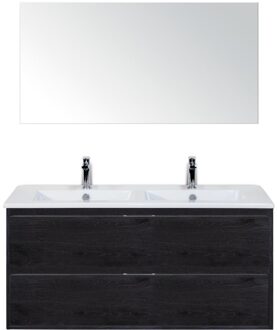 Porto Badmeubelset 120 cm - 2 Laden Black Oak - Keramische Wastafel Wit Slim met Spiegel