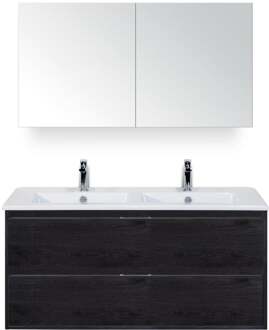 Porto Badmeubelset 120 cm - 2 Laden Black Oak - Keramische Wastafel Wit Slim met Spiegelkast