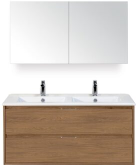 Porto Badmeubelset 120 cm - 2 Laden Honey - Keramische Wastafel Wit Slim met Spiegelkast