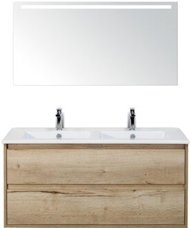 Porto Badmeubelset 120 cm - 2 Laden Natuur Eiken - Keramische Wastafel Wit Slim met Sence Spiegel