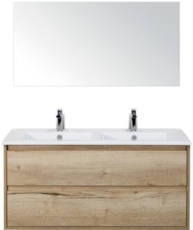 Porto Badmeubelset 120 cm - 2 Laden Natuur Eiken - Keramische Wastafel Wit Slim met Spiegel