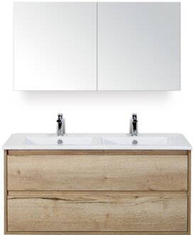 Porto Badmeubelset 120 cm - 2 Laden Natuur Eiken - Keramische Wastafel Wit Slim met Spiegelkast