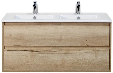 Porto Badmeubelset 120 cm - 2 Laden Natuur Eiken - Keramische Wastafel Wit Slim