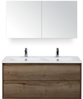 Porto Badmeubelset 120 cm - 2 Laden Tabacco - Keramische Wastafel Wit Slim met Spiegelkast