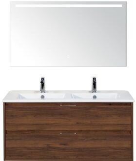 Porto Badmeubelset 120 cm - 2 Laden Walnoot - Keramische Wastafel Wit Slim met Sence Spiegel