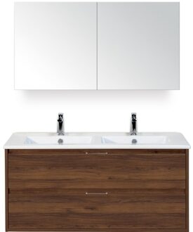 Porto Badmeubelset 120 cm - 2 Laden Walnoot - Keramische Wastafel Wit Slim met Spiegelkast