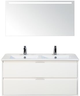 Porto Badmeubelset 120 cm - 2 Laden Wit Hoogglans - Keramische Wastafel Wit Slim met Sence Spiegel