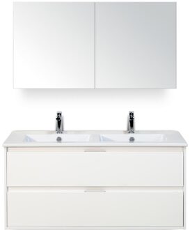 Porto Badmeubelset 120 cm - 2 Laden Wit Hoogglans - Keramische Wastafel Wit Slim met Spiegelkast