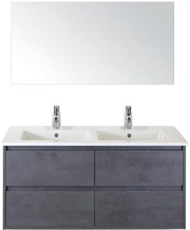 Porto Badmeubelset 120 cm - 4 Laden Beton Antraciet - Keramische Wastafel Wit Slim met Spiegel