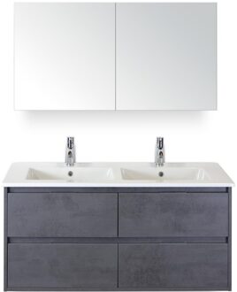 Porto Badmeubelset 120 cm - 4 Laden Beton Antraciet - Keramische Wastafel Wit Slim met Spiegelkast