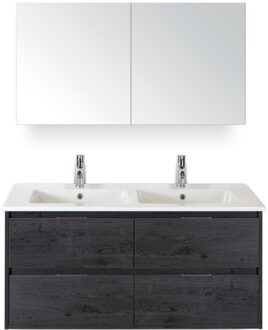 Porto Badmeubelset 120 cm - 4 Laden Black Oak - Keramische Wastafel Wit Slim met Spiegelkast