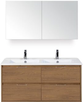 Porto Badmeubelset 120 cm - 4 Laden Honey - Keramische Wastafel Wit Slim met Spiegelkast