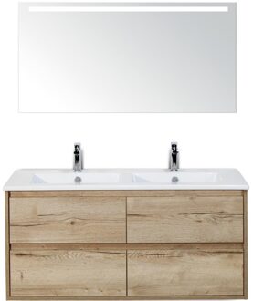 Porto Badmeubelset 120 cm - 4 Laden Natuur Eiken - Keramische Wastafel Wit Slim met Sence Spiegel