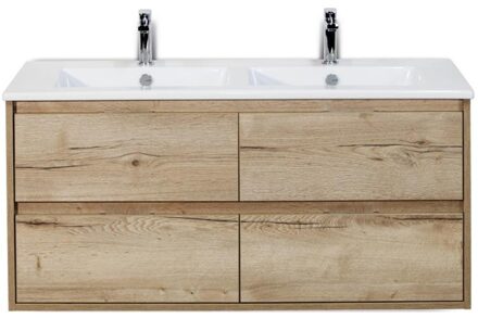 Porto Badmeubelset 120 cm - 4 Laden Natuur Eiken - Keramische Wastafel Wit Slim