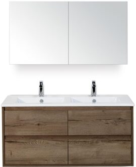 Porto Badmeubelset 120 cm - 4 Laden Tabacco - Keramische Wastafel Wit Slim met Spiegelkast