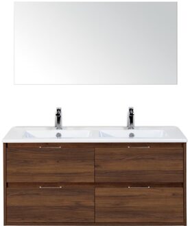 Porto Badmeubelset 120 cm - 4 Laden Walnoot - Keramische Wastafel Wit Slim met Spiegel