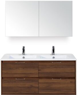 Porto Badmeubelset 120 cm - 4 Laden Walnoot - Keramische Wastafel Wit Slim met Spiegelkast